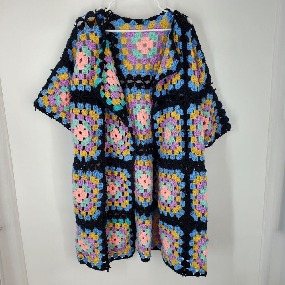 Homemade Crocheted Granny Square Open Front Half Sleeve Cardigan Sweater